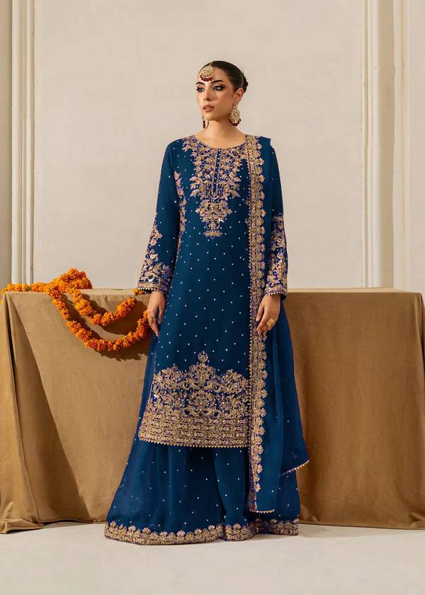 Blue Embellished Long Kurta with Sharara and Dupatta