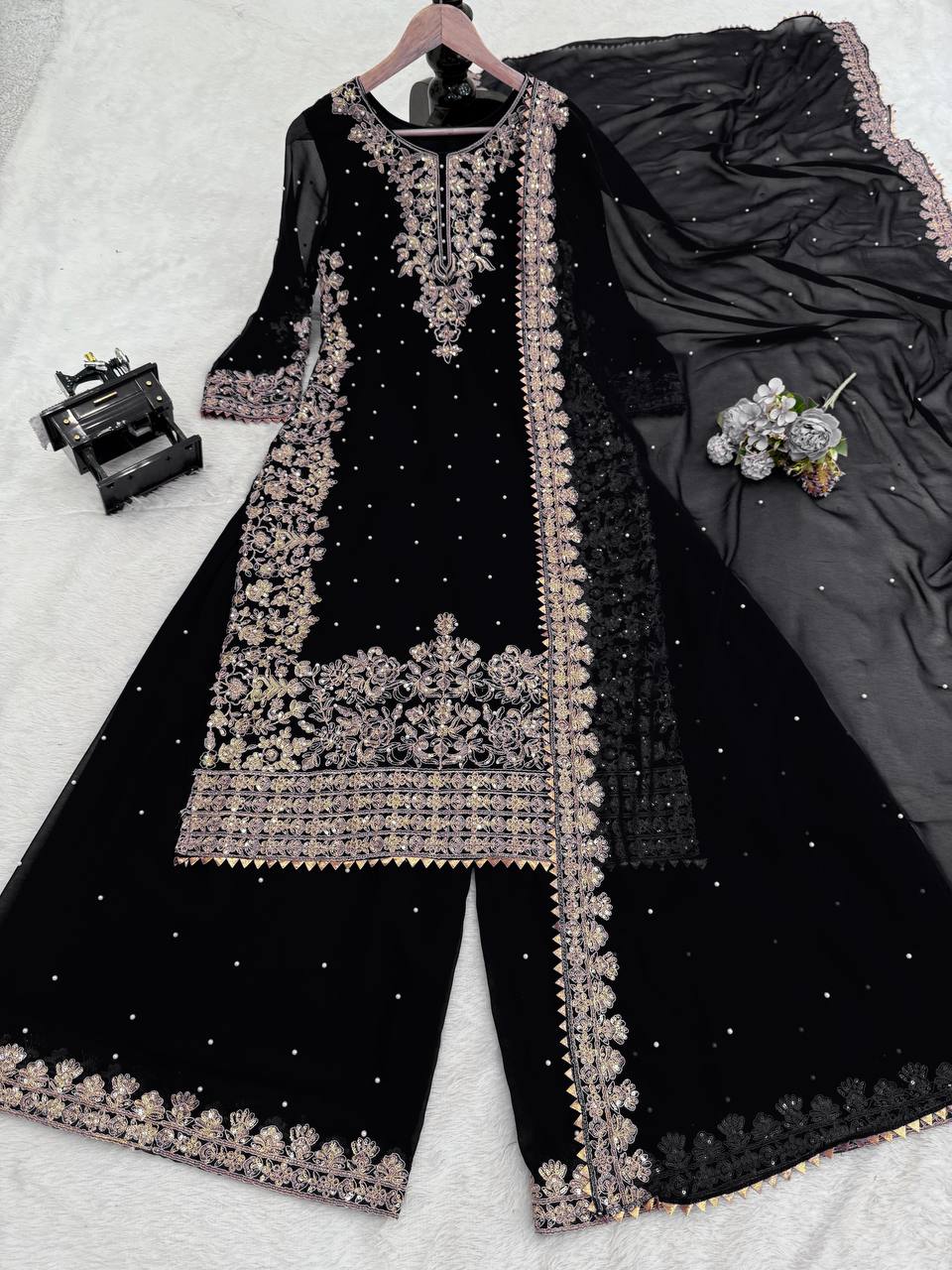 Black Embellished Long Kurta with Sharara and Dupatta