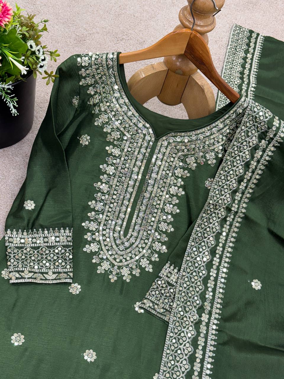 Green traditional ethnic Anarkali gown suit with mirror-work and thread embroidery