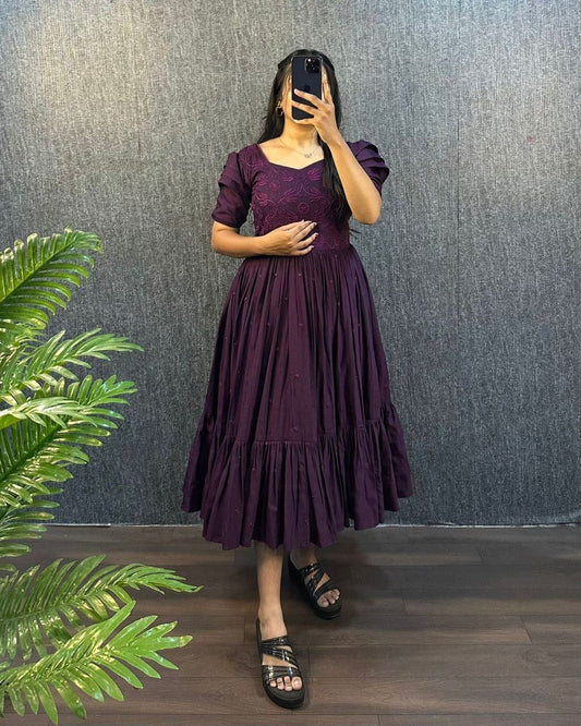 Purpal Embroidered Pleated Sleeve Flared Midi Dress