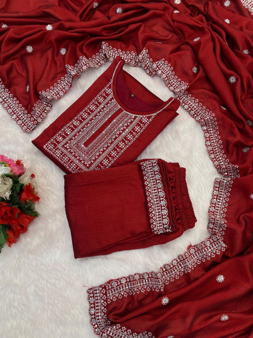 maroon embroidered salwar suit set (3-piece set)