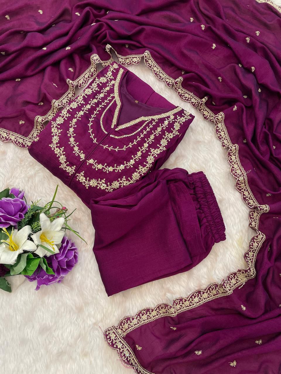 Purple Embroidered Anarkali Kurta Set with Dupatta