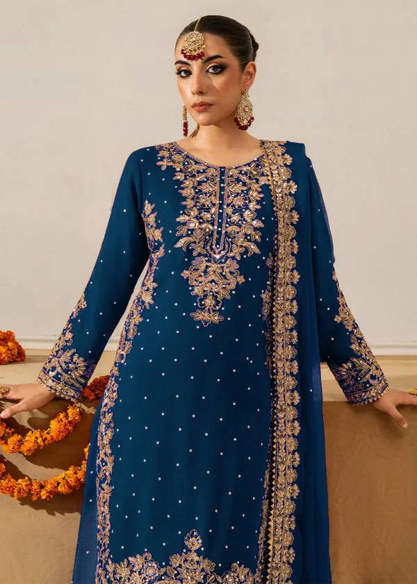 Blue Embellished Long Kurta with Sharara and Dupatta