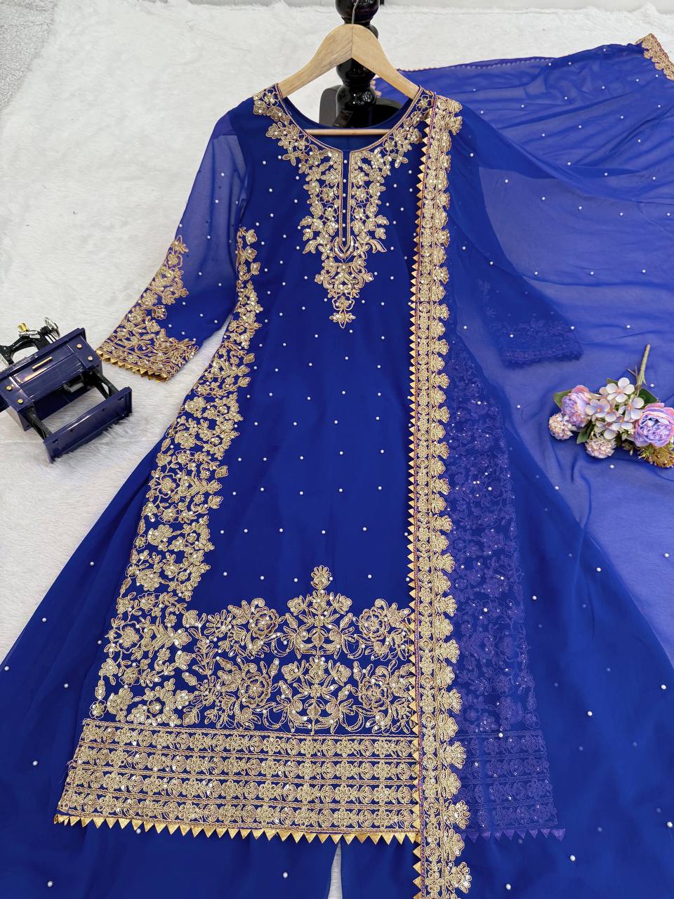 Blue Embellished Long Kurta with Sharara and Dupatta