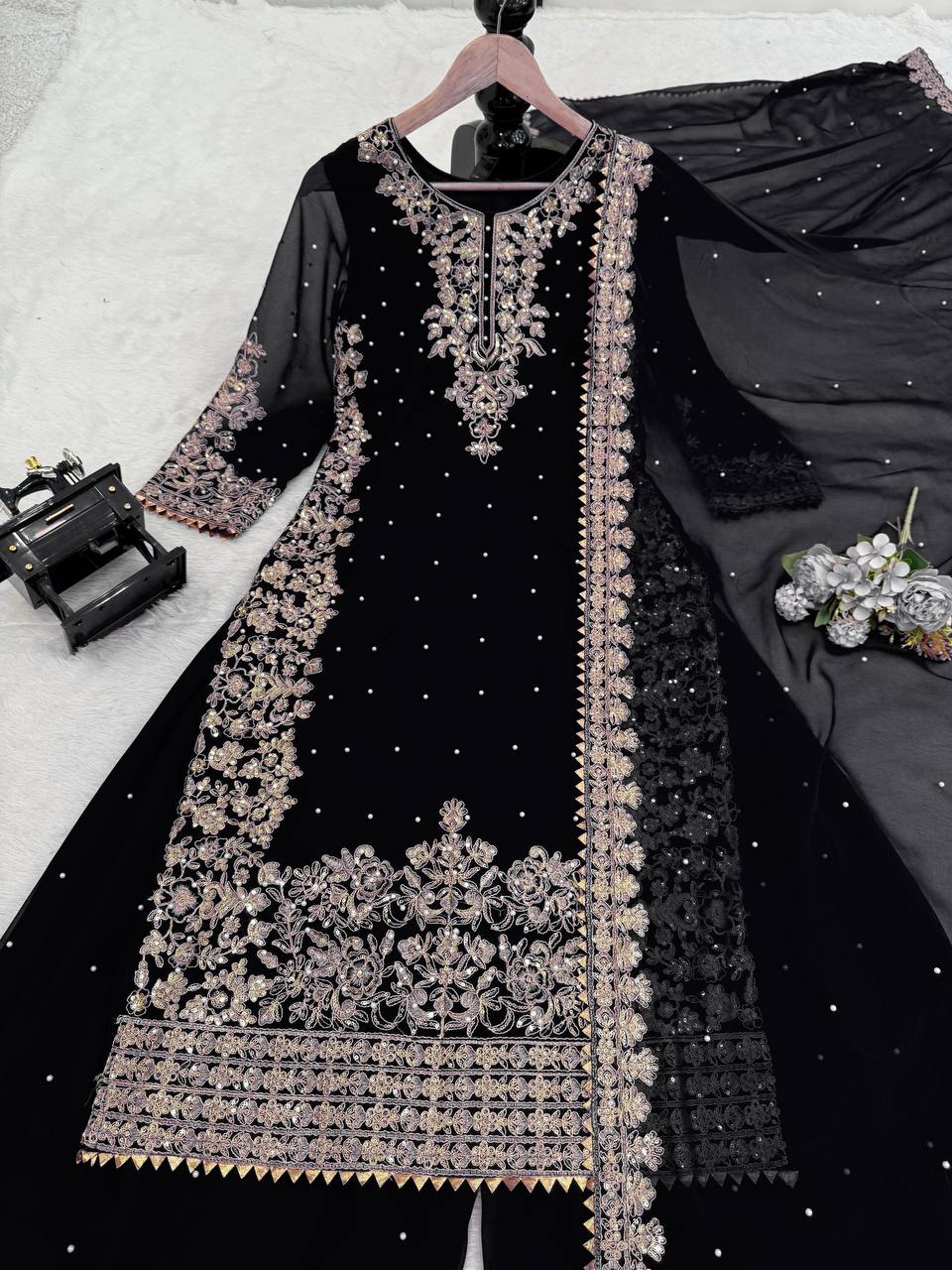Black Embellished Long Kurta with Sharara and Dupatta