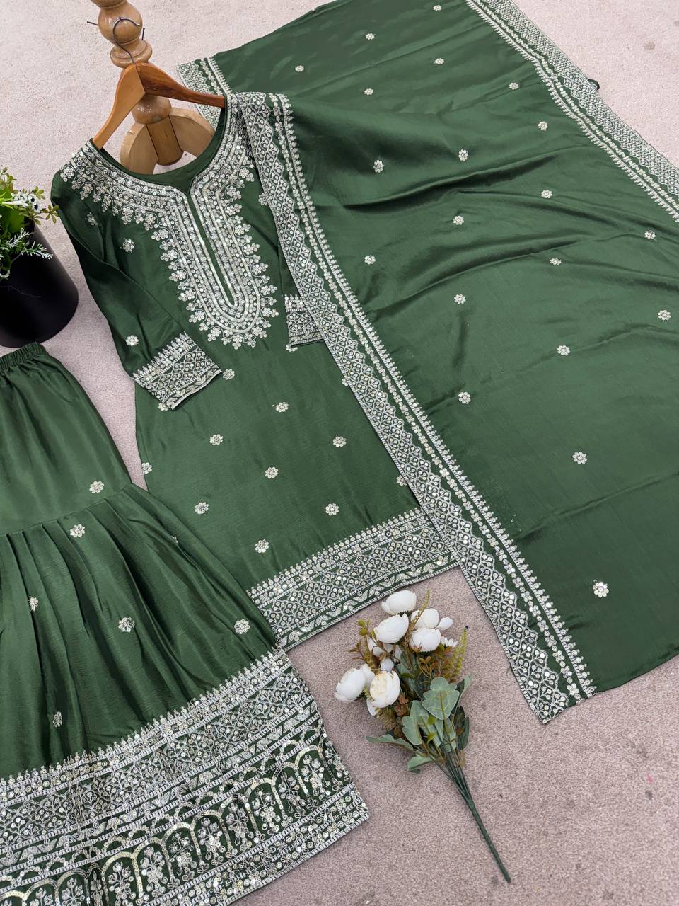 Green traditional ethnic Anarkali gown suit with mirror-work and thread embroidery
