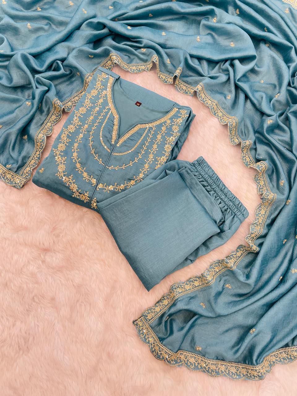 Dusty Blue Embroidered Anarkali Kurta Set with Dupatta