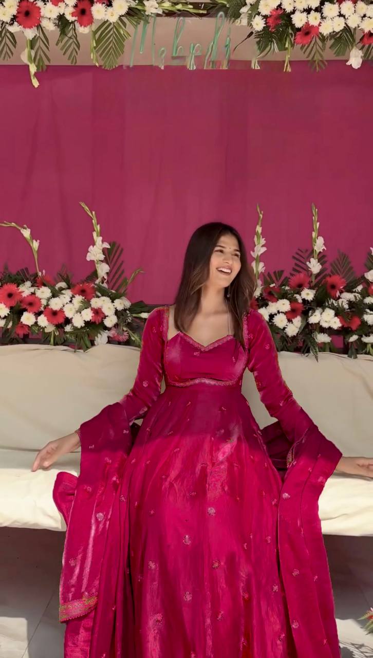 Red Mirror Work Anarkali Suit