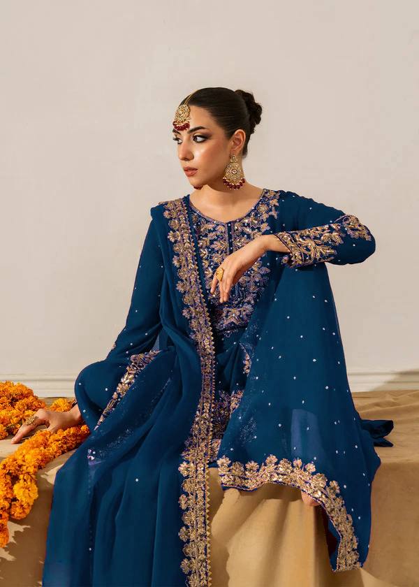 Blue Embellished Long Kurta with Sharara and Dupatta