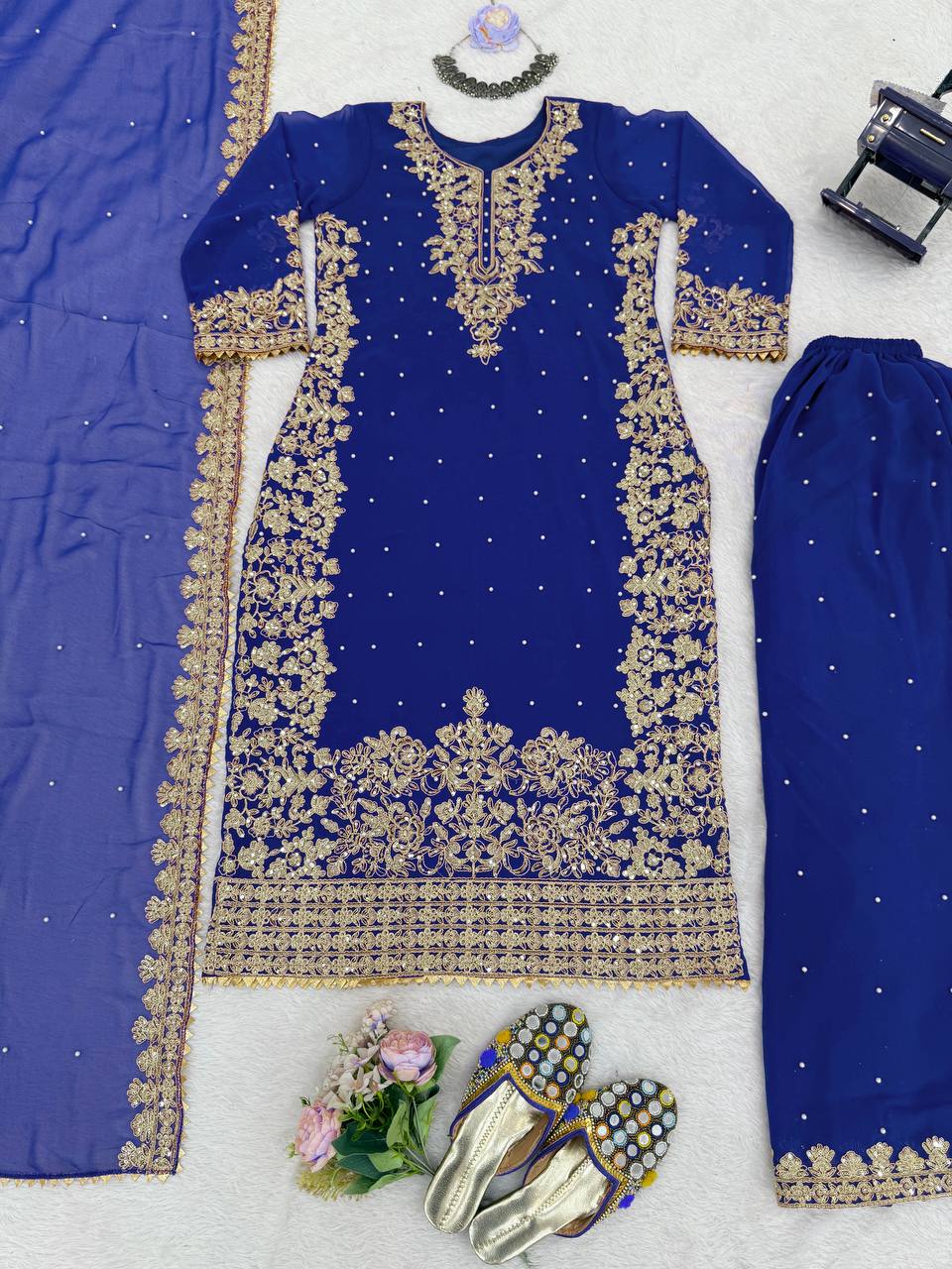 Blue Embellished Long Kurta with Sharara and Dupatta