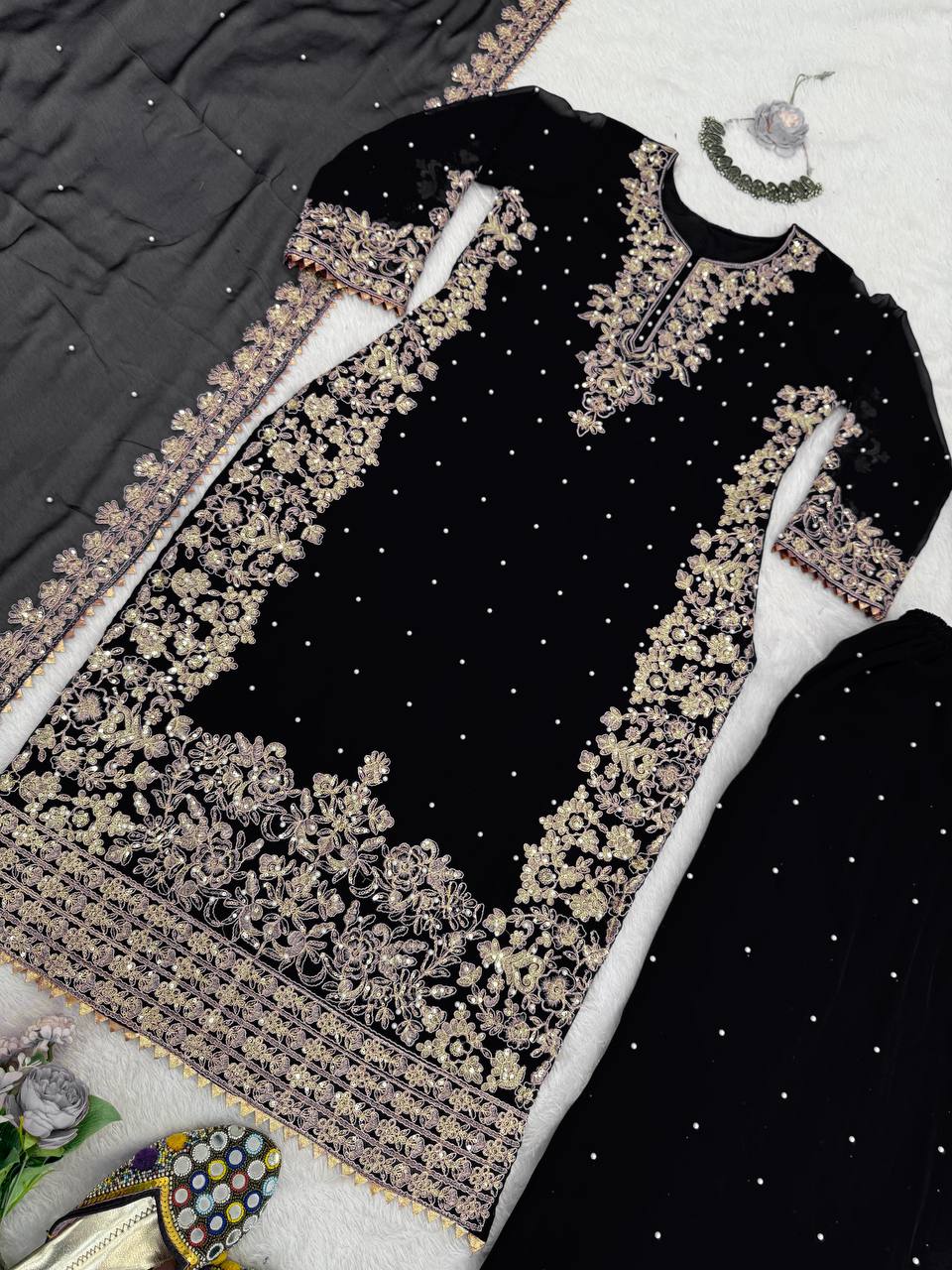 Black Embellished Long Kurta with Sharara and Dupatta