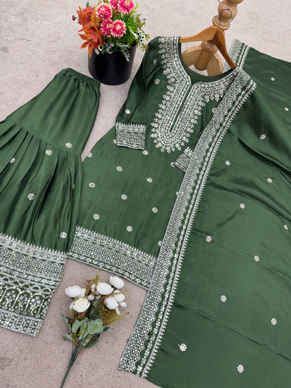 Green traditional ethnic Anarkali gown suit with mirror-work and thread embroidery