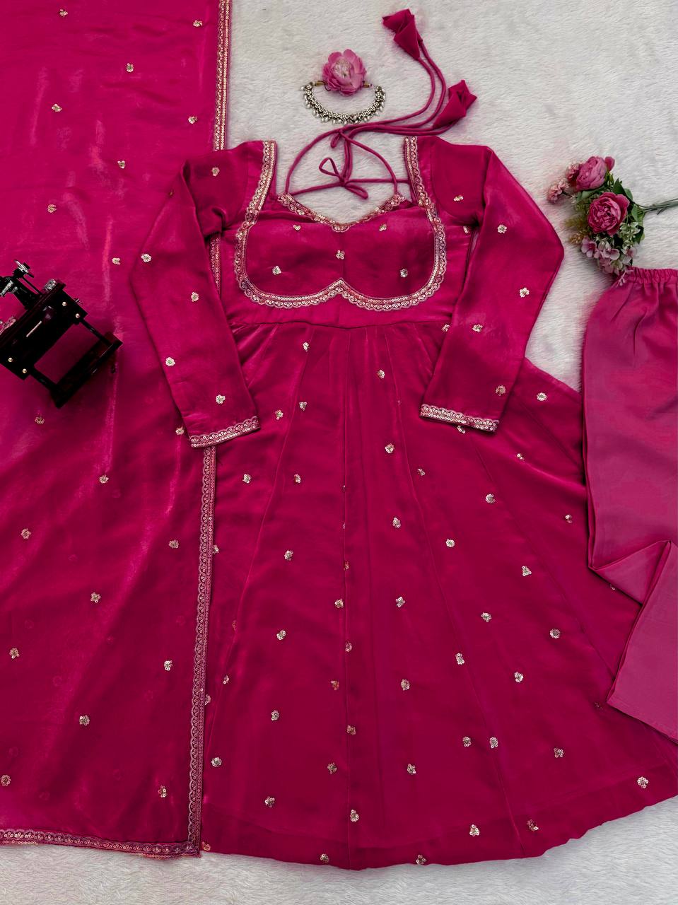 Red Mirror Work Anarkali Suit