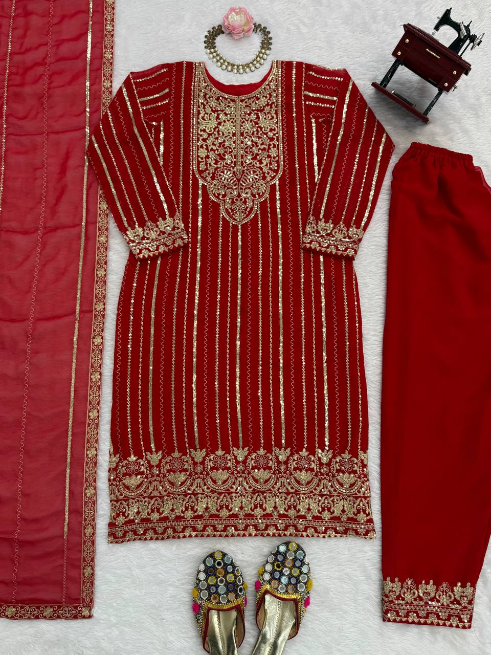 Red Embroidered Straight Suit Set