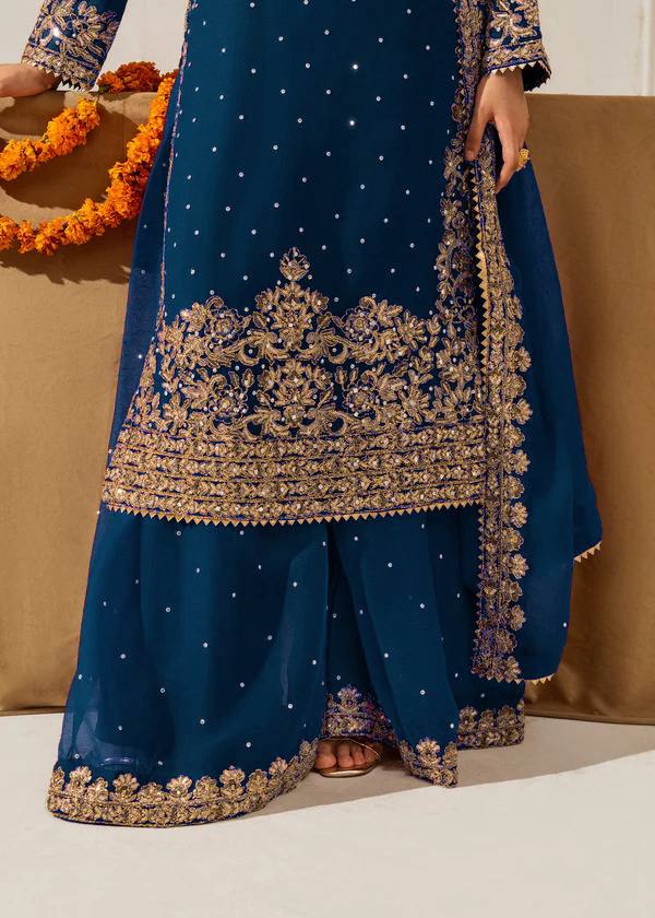 Blue Embellished Long Kurta with Sharara and Dupatta
