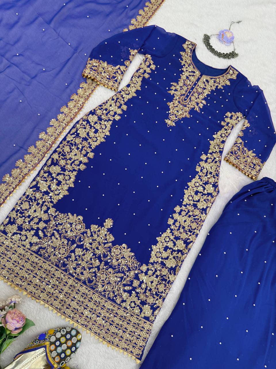 Blue Embellished Long Kurta with Sharara and Dupatta