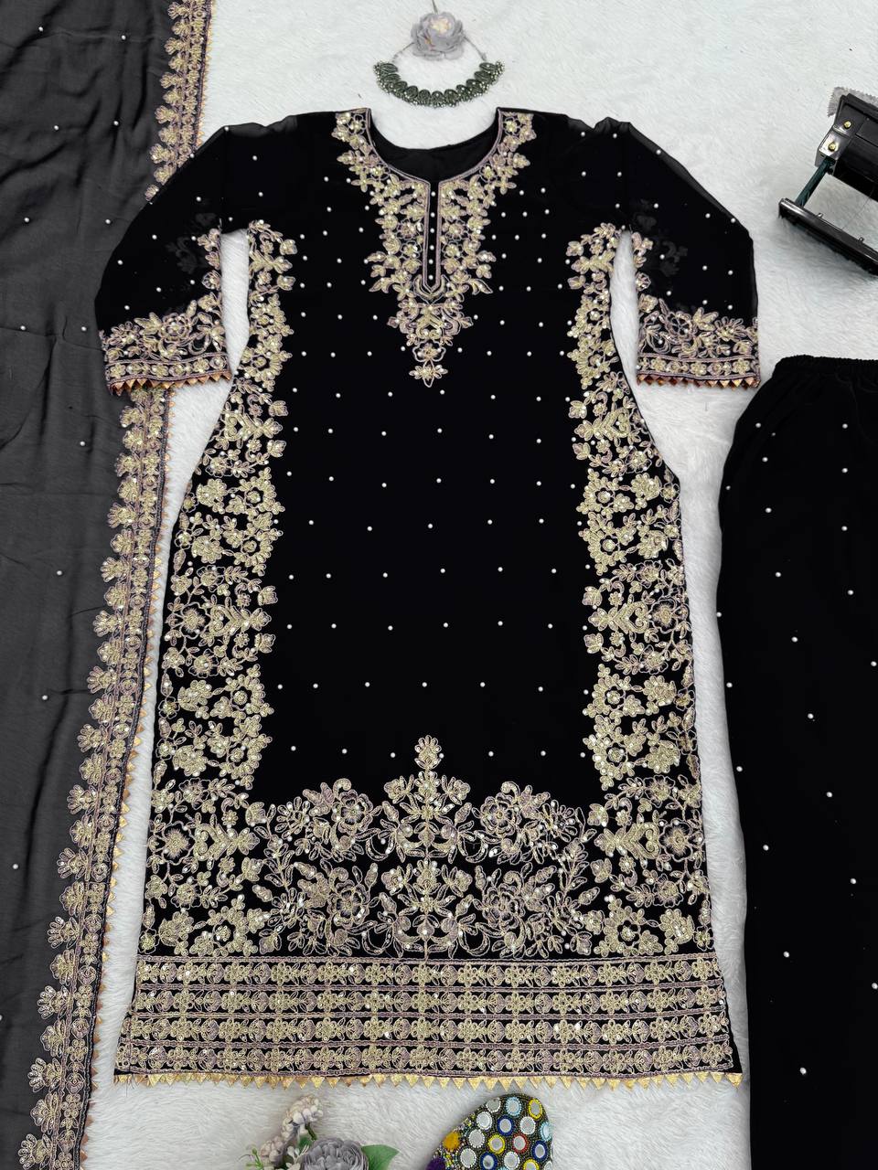 Black Embellished Long Kurta with Sharara and Dupatta
