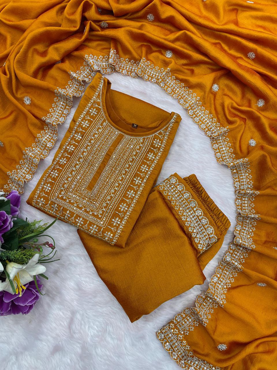 mustard yellow embroidered salwar suit set