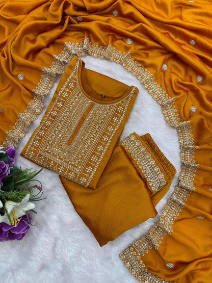 mustard yellow embroidered salwar suit set