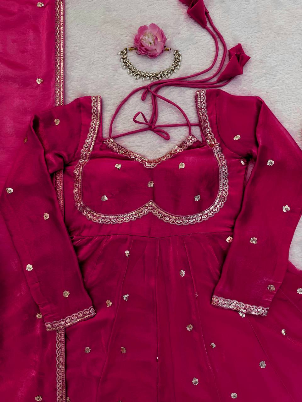 Red Mirror Work Anarkali Suit