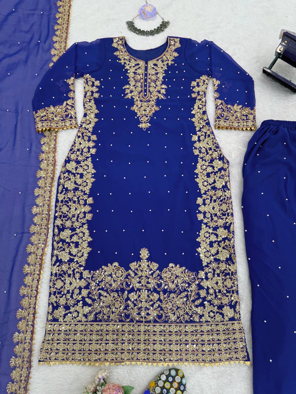 Blue Embellished Long Kurta with Sharara and Dupatta
