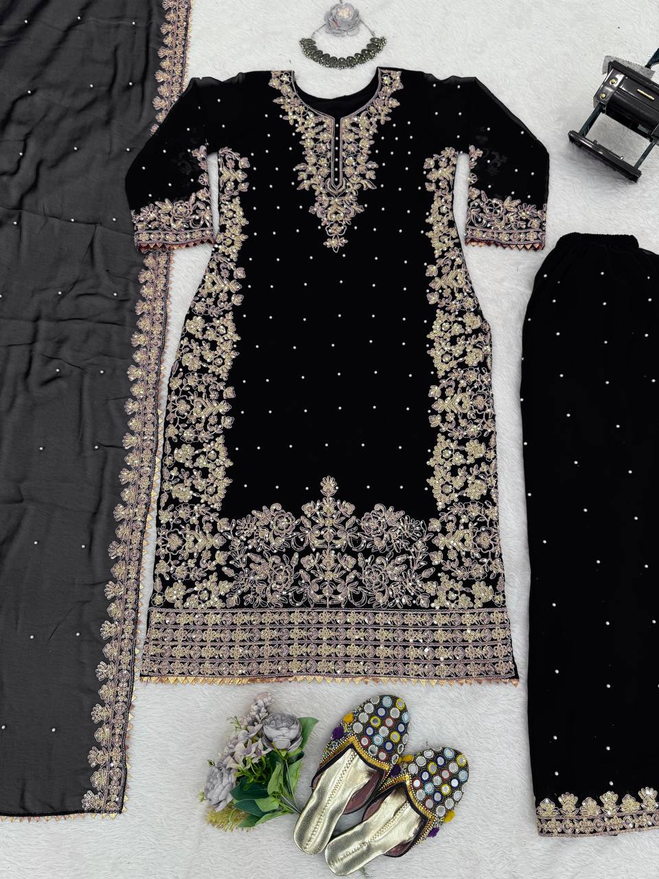 Black Embellished Long Kurta with Sharara and Dupatta