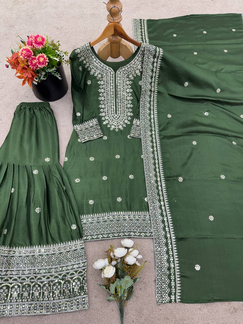 Green traditional ethnic Anarkali gown suit with mirror-work and thread embroidery