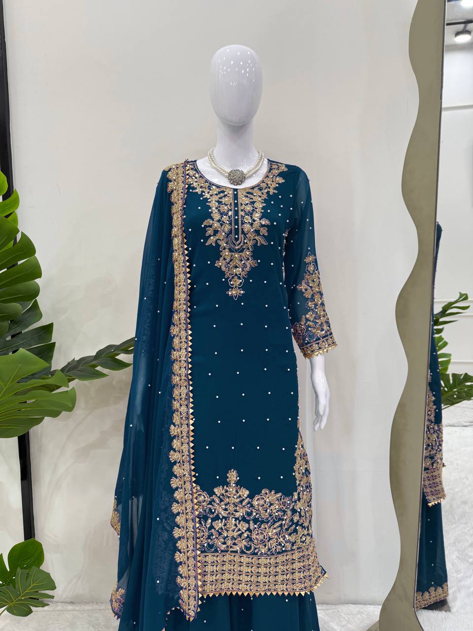 Blue Embellished Long Kurta with Sharara and Dupatta