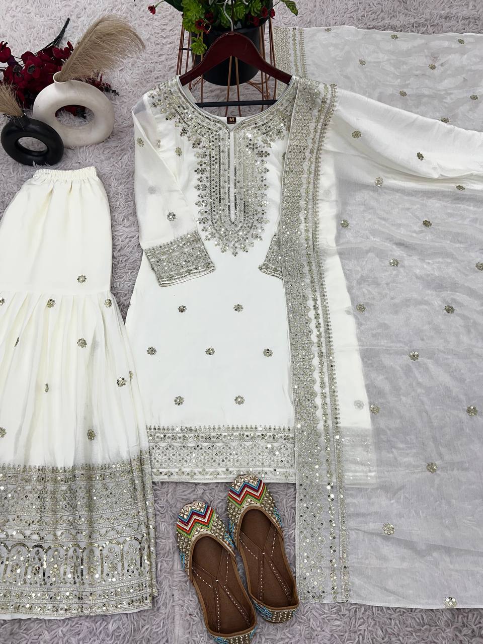 White heavy embroidered silk Anarkali set with matching dupatta