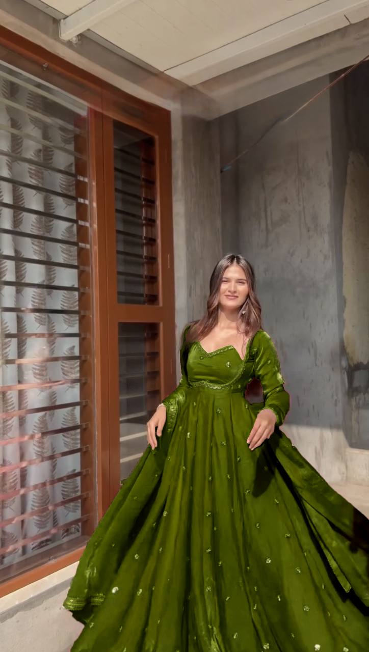 Dark Green Mirror Work Anarkali Suit