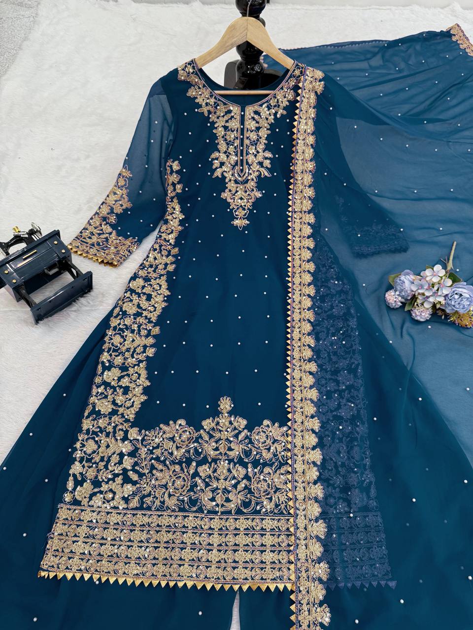 Blue Embellished Long Kurta with Sharara and Dupatta