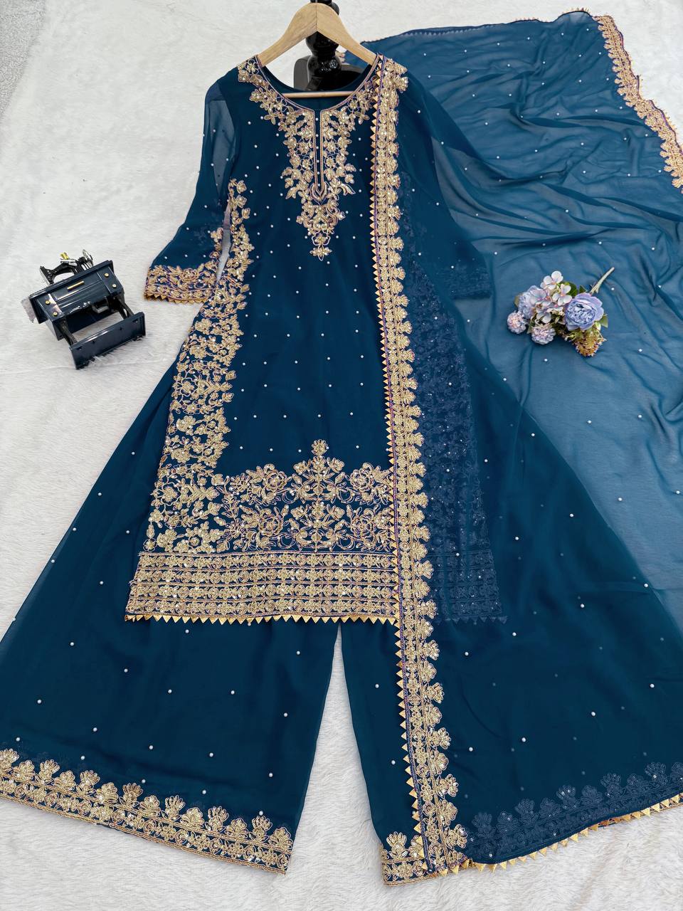 Blue Embellished Long Kurta with Sharara and Dupatta
