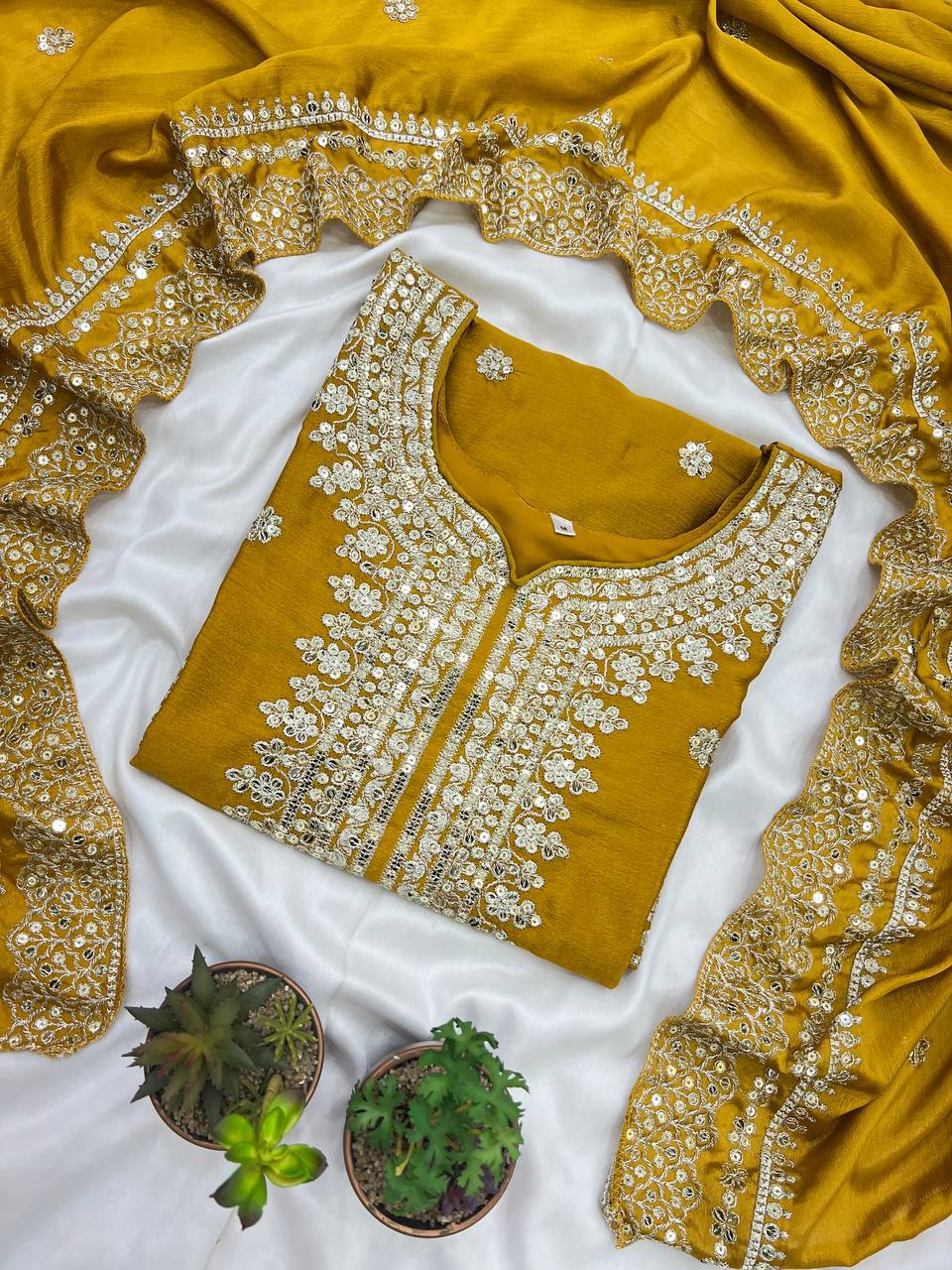 Mustard heavy embroidered silk Anarkali set with matching dupatta