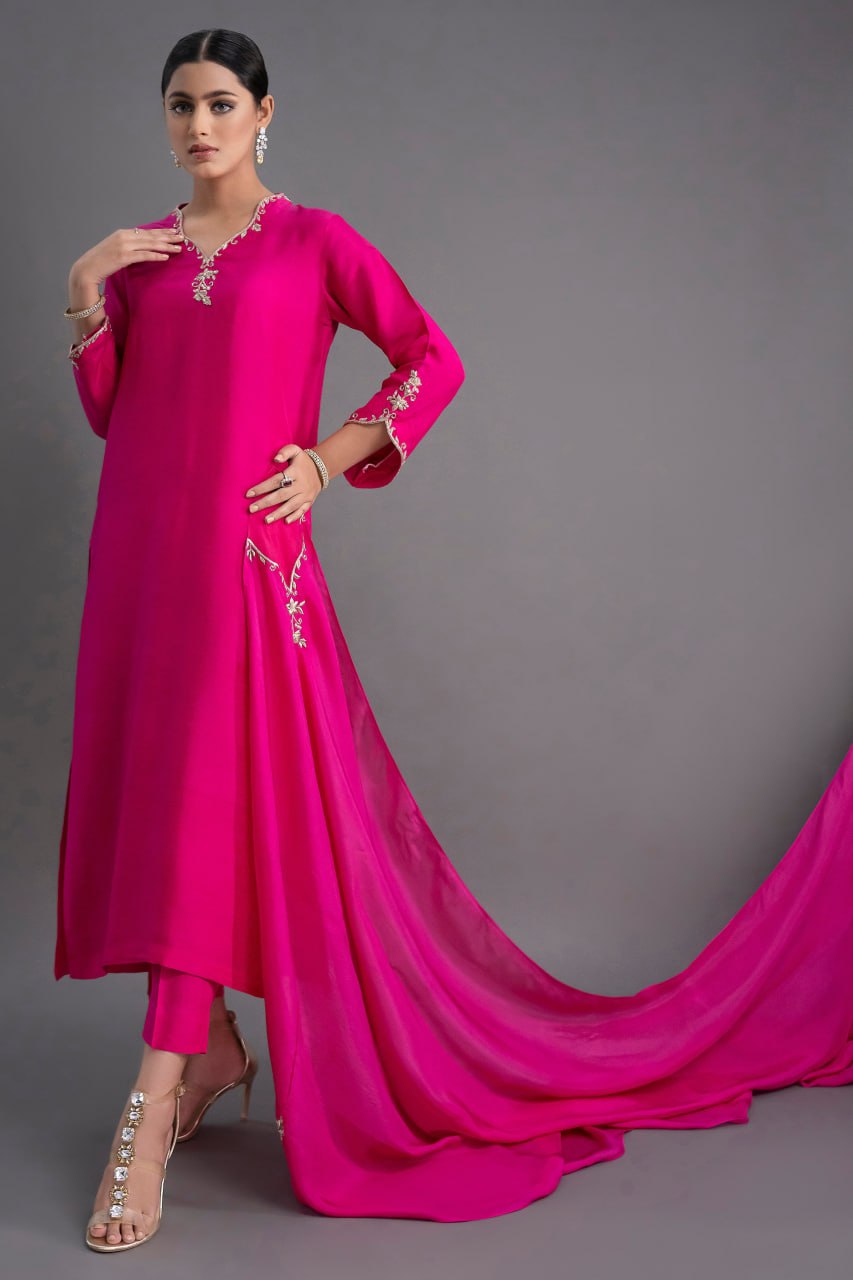 Fuchsia Pink Embroidered Long Kurta Set with Attached Trail