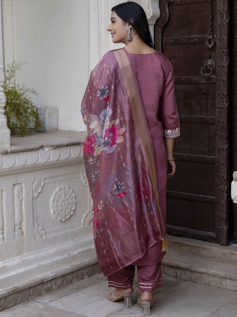 Mauve Embroidered Kurta Set with Floral Dupatta