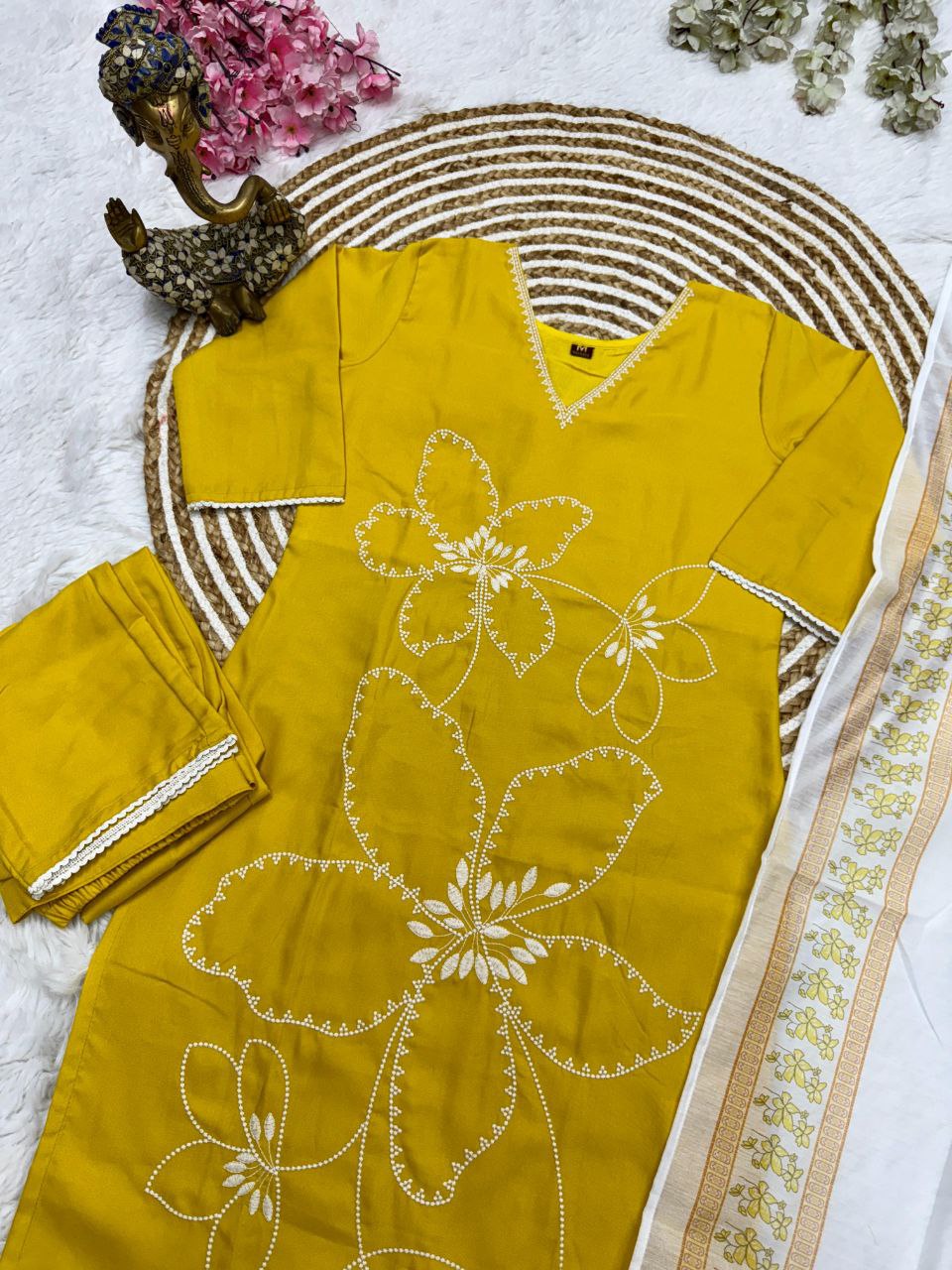 Mustard Yellow Cotton Kurti Set with White Dupatta