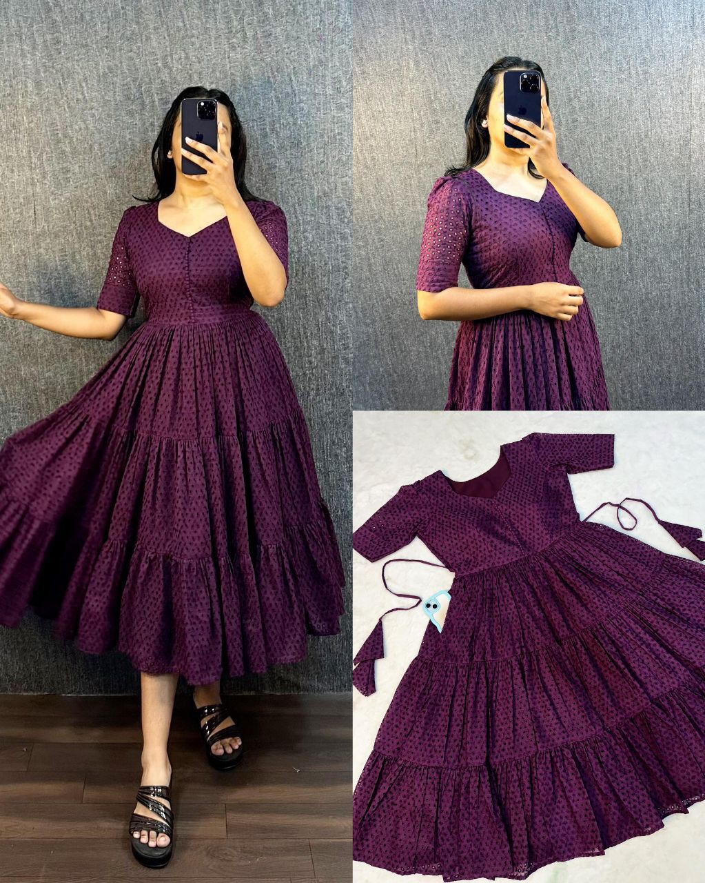 Wine Eyelet Cotton Midi Dress