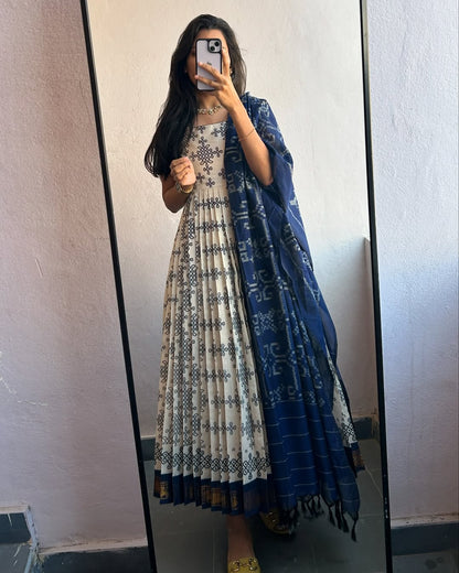 Indigo Handblock Anarkali with Dupatta