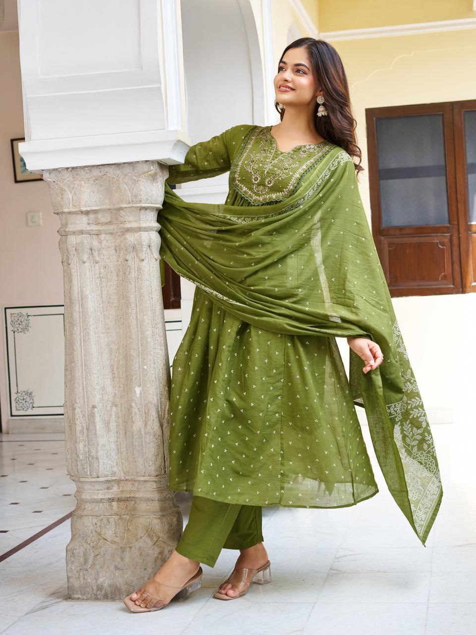 Elegant Olive Green Embroidered Anarkali Suit Set