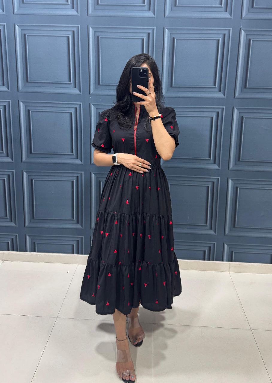 Black Tiered Midi Dress with Puff Sleeves