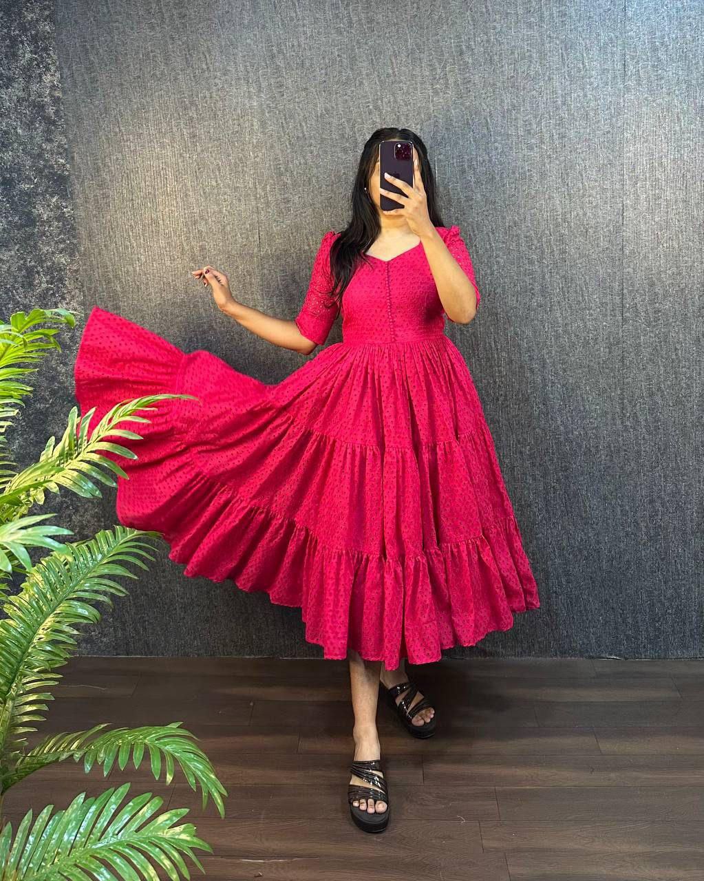 Pink Eyelet Cotton Midi Dress