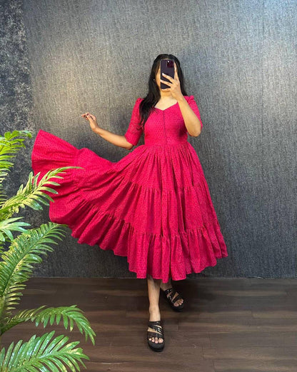 Pink Eyelet Cotton Midi Dress