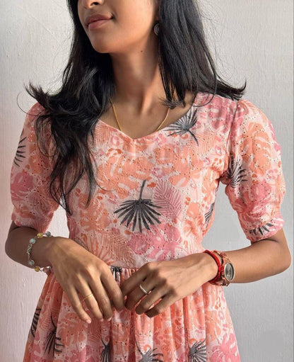 Peach Floral Printed Tiered Midi Dress