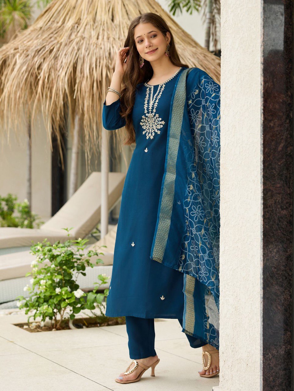 Teal Blue Embroidered Kurta Set with Dupatta