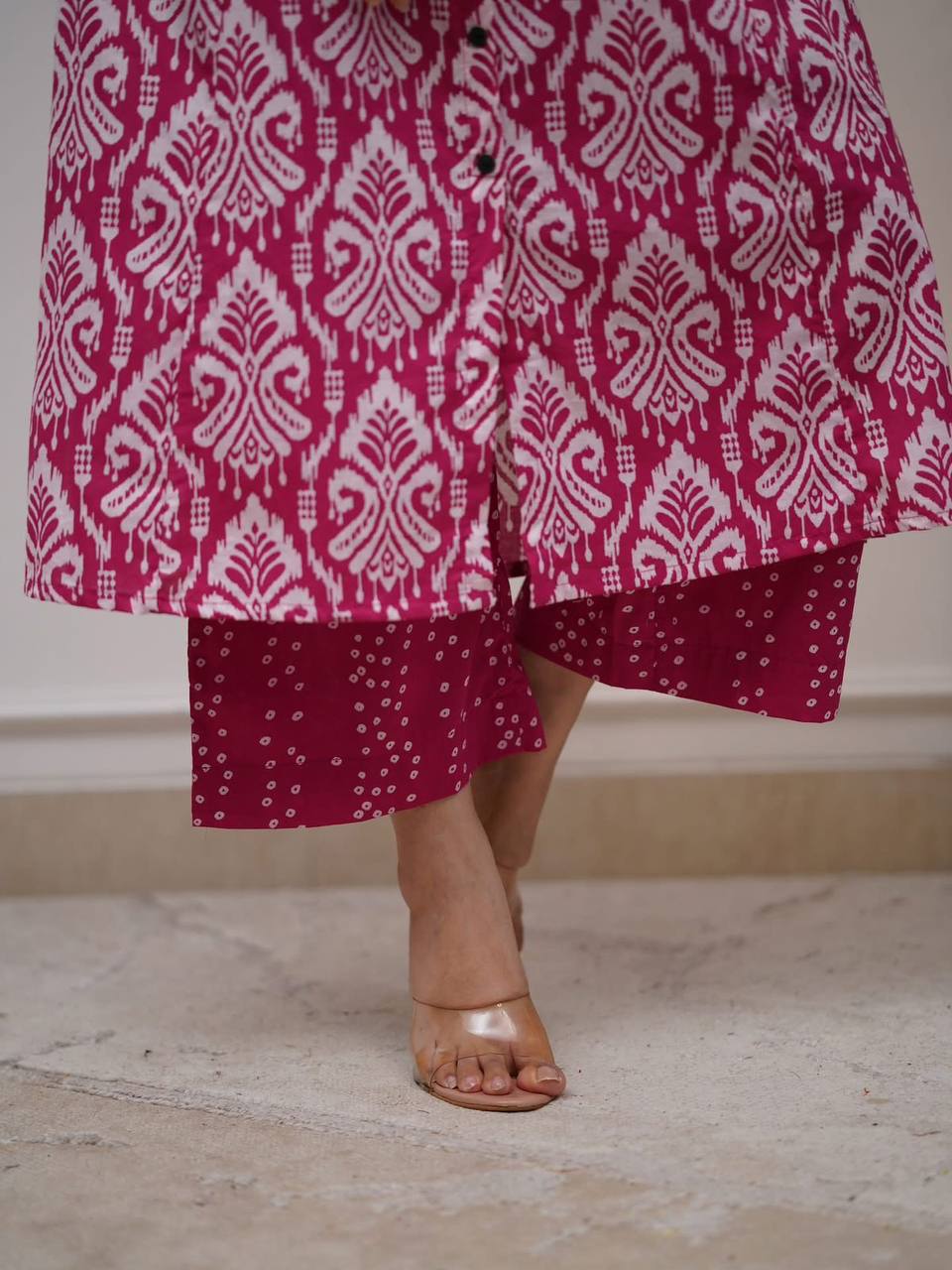 Magenta Ikat Print Button-Down Kurta Set