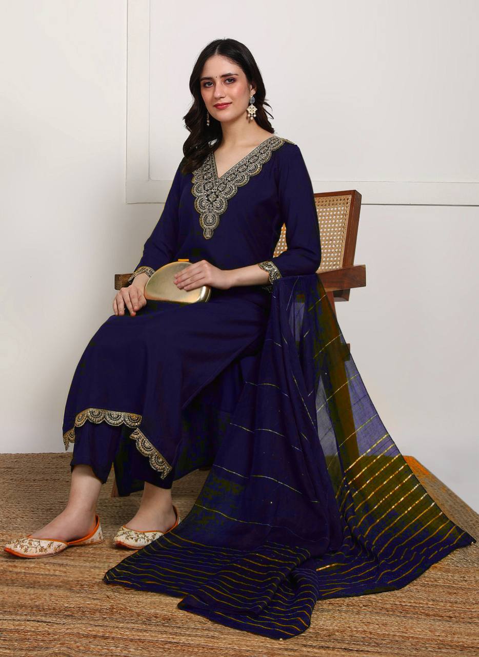 navy blue embroidered kurta set with dupatta