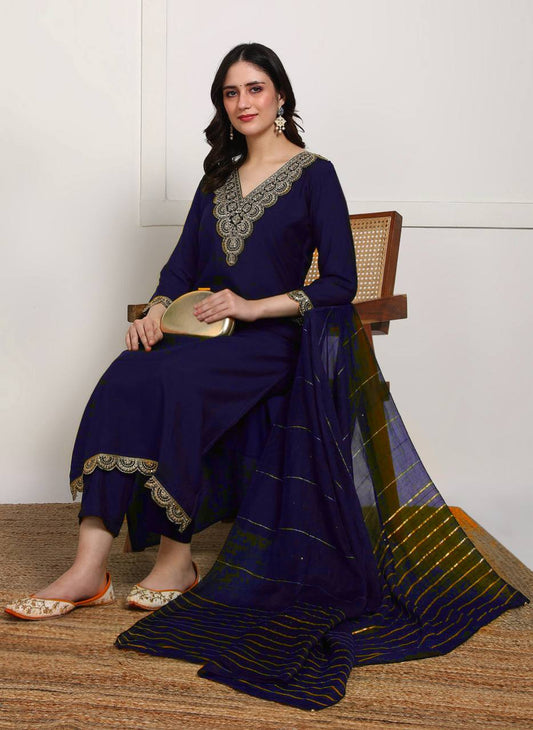 navy blue embroidered kurta set with dupatta