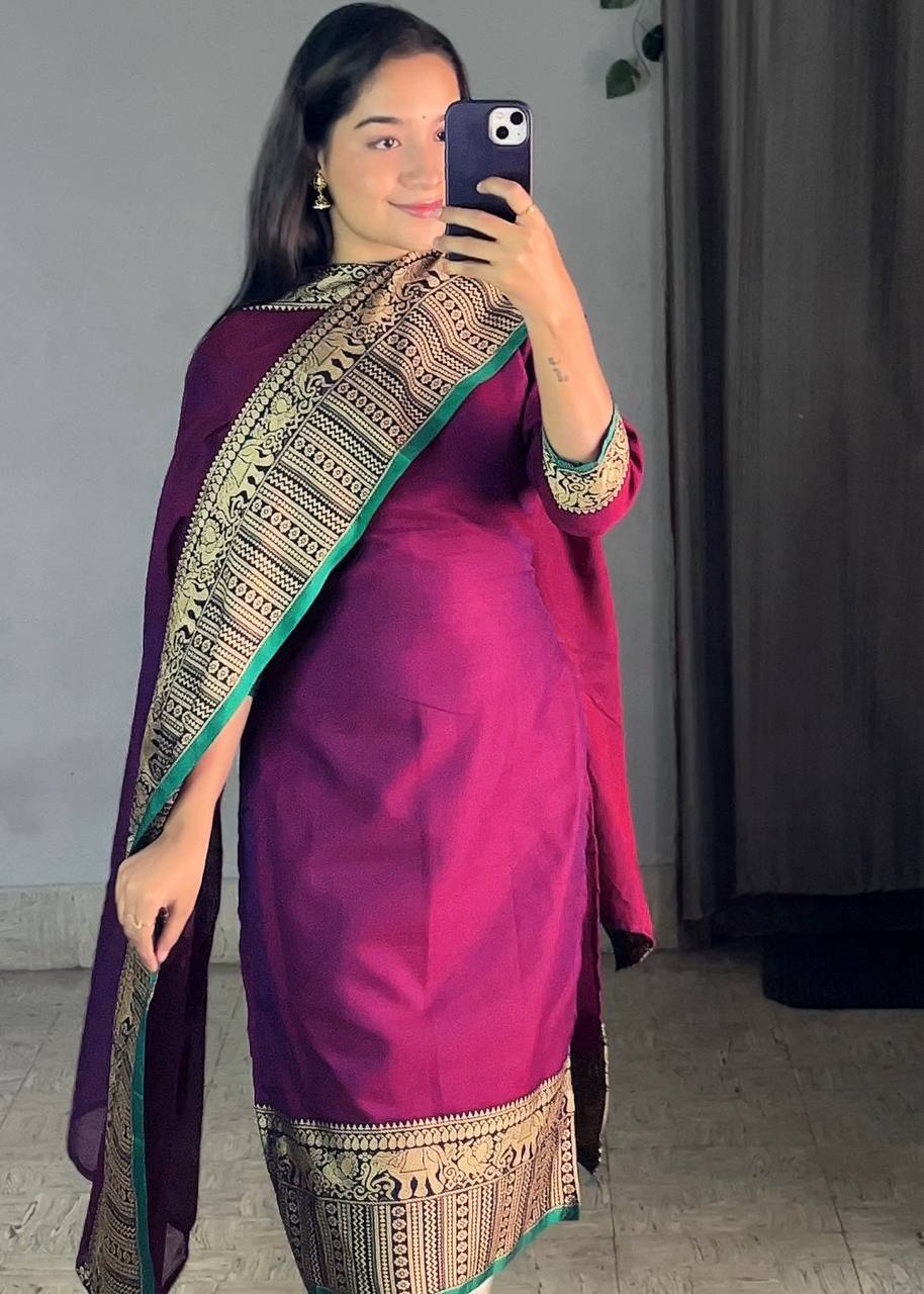 Magenta Ethnic Kurta Set with Dupatta
