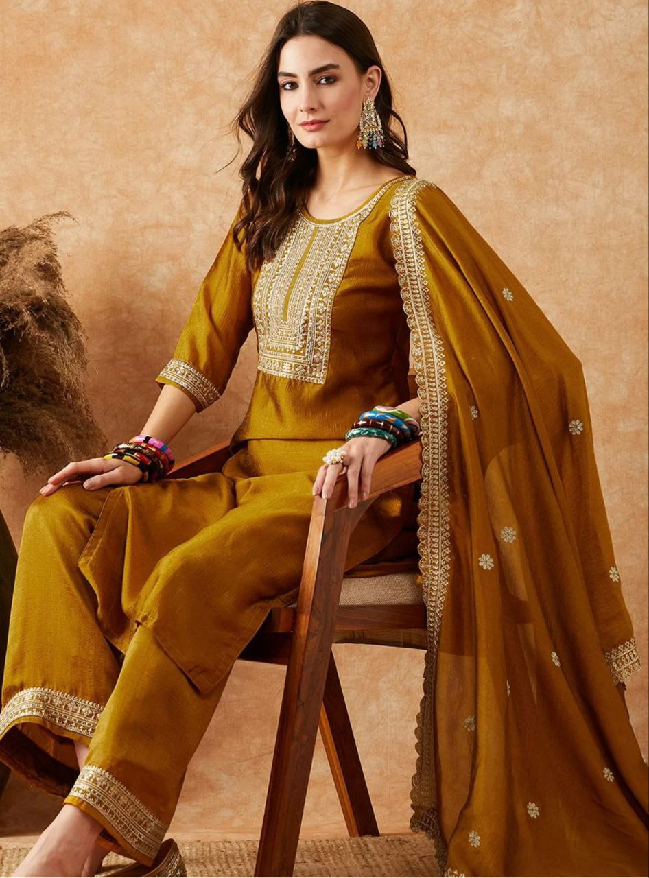 mustard yellow embroidered salwar suit set