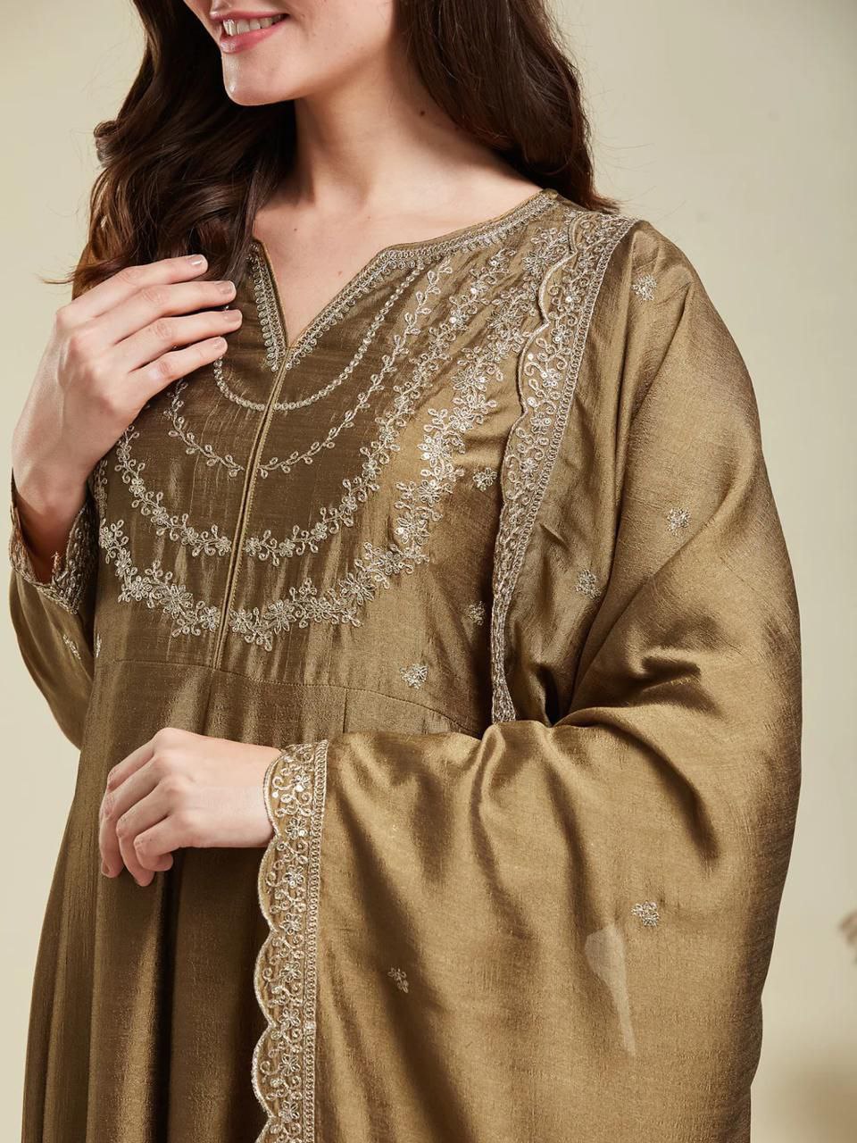 Olive Green Embroidered Anarkali Kurta Set with Dupatta